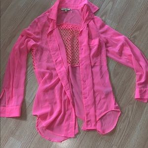 Cecico neon pink blouse open back slit sheer small